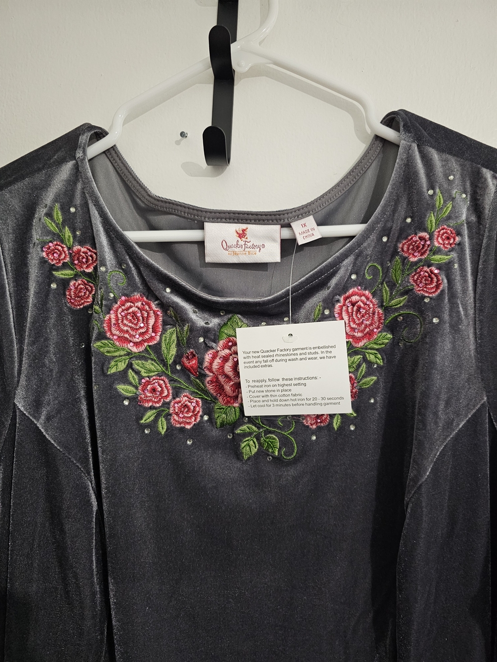 Quacker Factory Velvet Dress with Pink Rose Embroidery